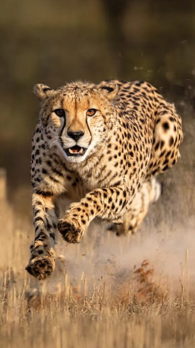 チーターがアフリカのサバンナを全力疾走する様子を再現した実写風画像。地上最速のスピードを誇る大型ネコ科動物。