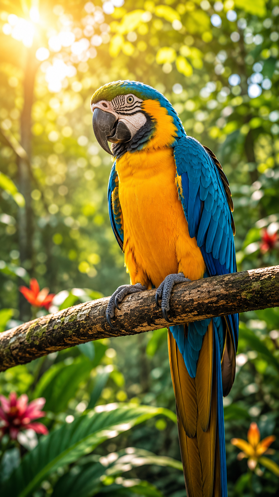 鮮やかな青と黄色の羽毛を持つルリコンゴウインコが熱帯雨林の枝にとまる様子