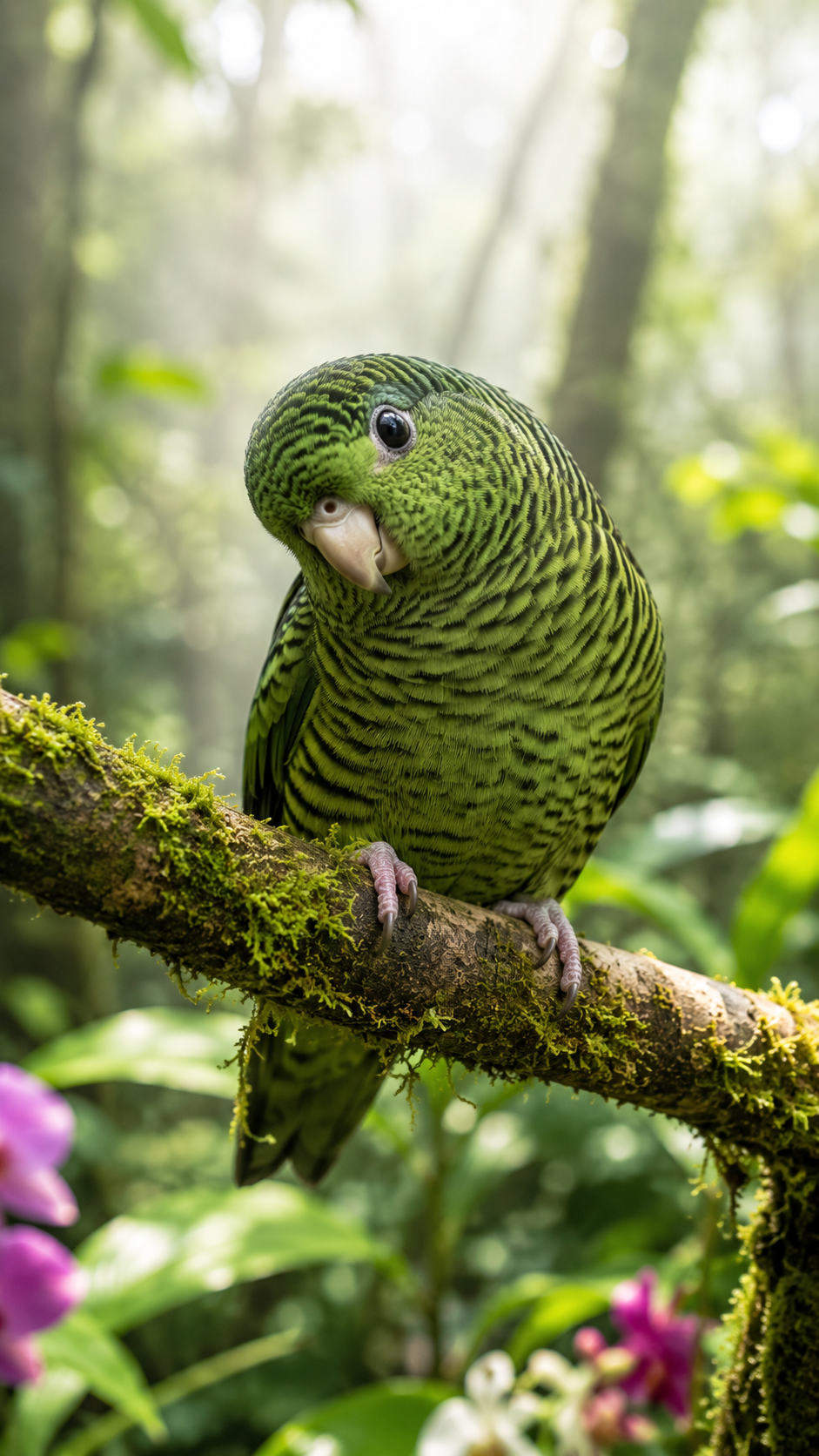 さざ波模様の羽毛を持つサザナミインコが苔むした枝にとまる様子