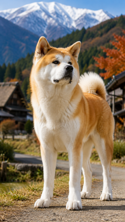 雪山を背景に凛々しく立つ秋田犬