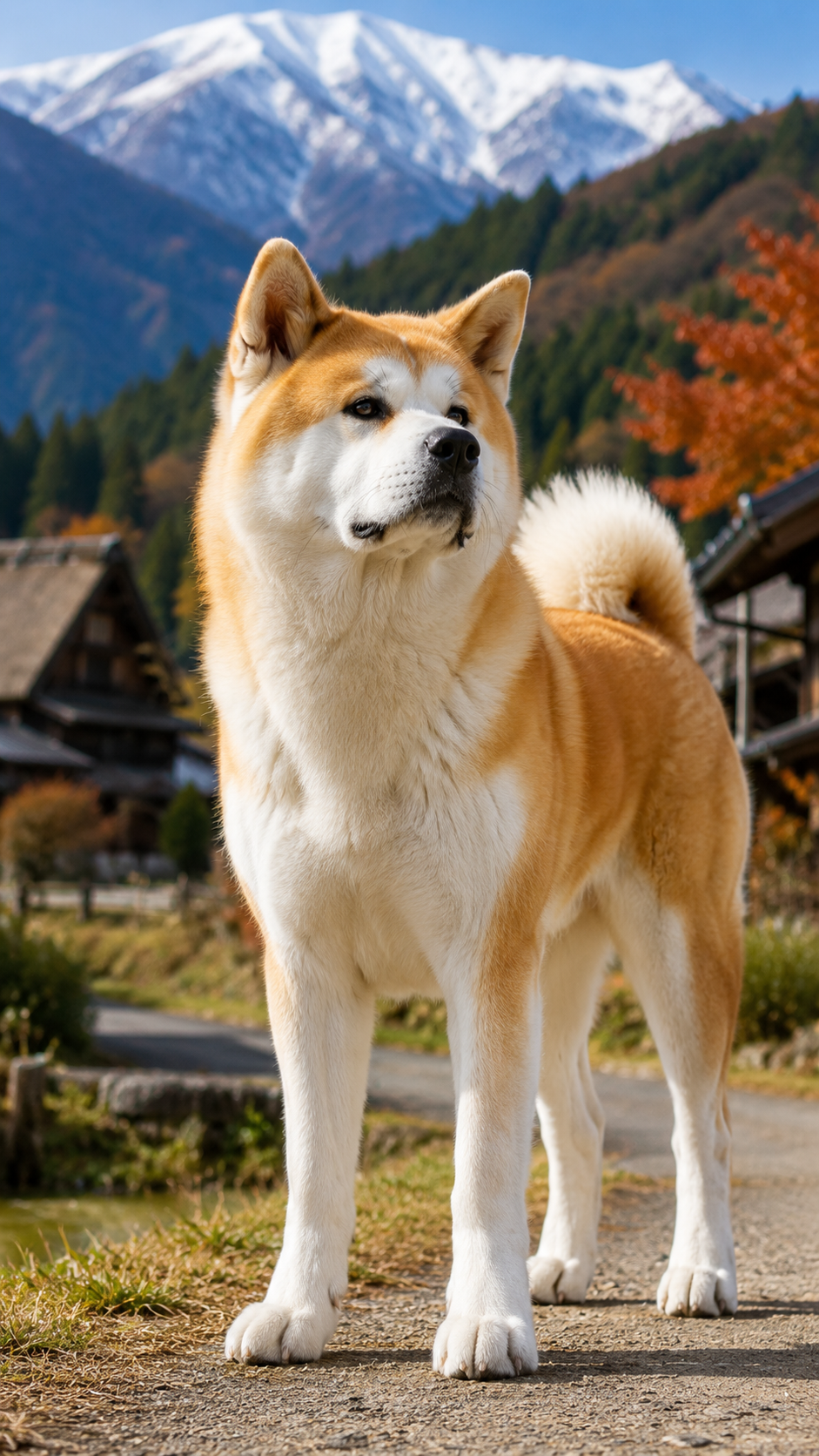 雪山を背景に凛々しく立つ秋田犬