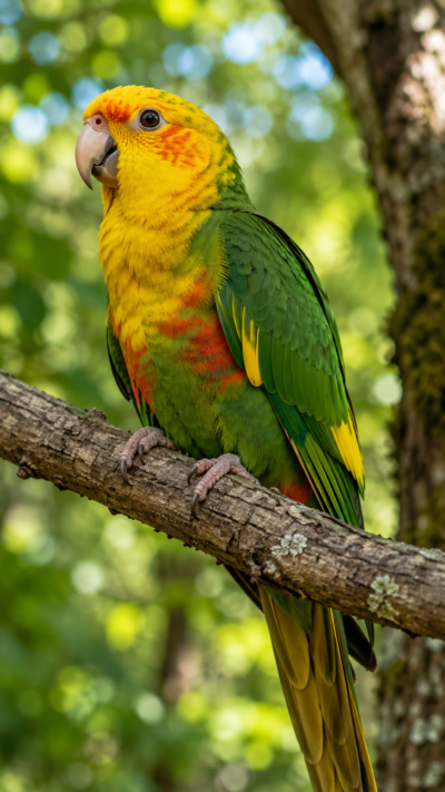 鮮やかな緑色の体と黄色い頭部を持つカロライナインコ