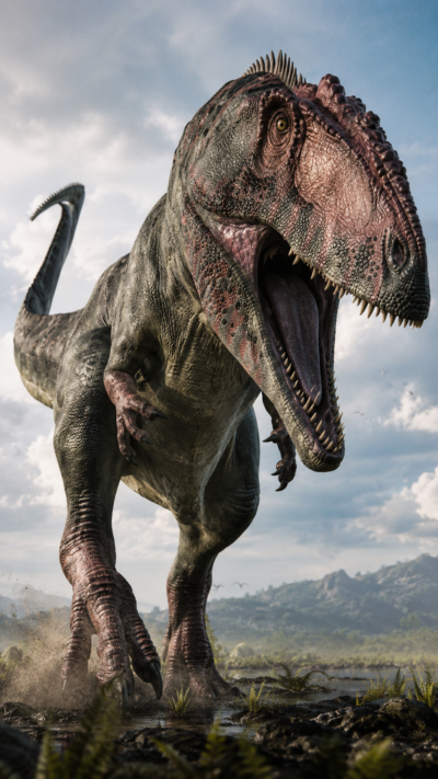 ギガノトサウルスが白亜紀後期の南米平原を歩く実写風画像。巨大な頭骨と鋭い歯を持つ超大型肉食恐竜。