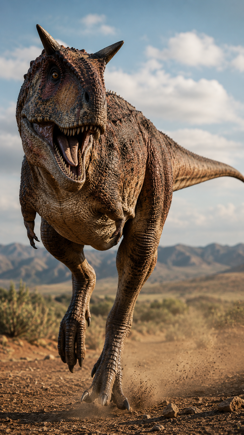 カルノタウルスが白亜紀後期の南米平原を高速で走る実写風画像。目の上に角を持つ細身の肉食恐竜。