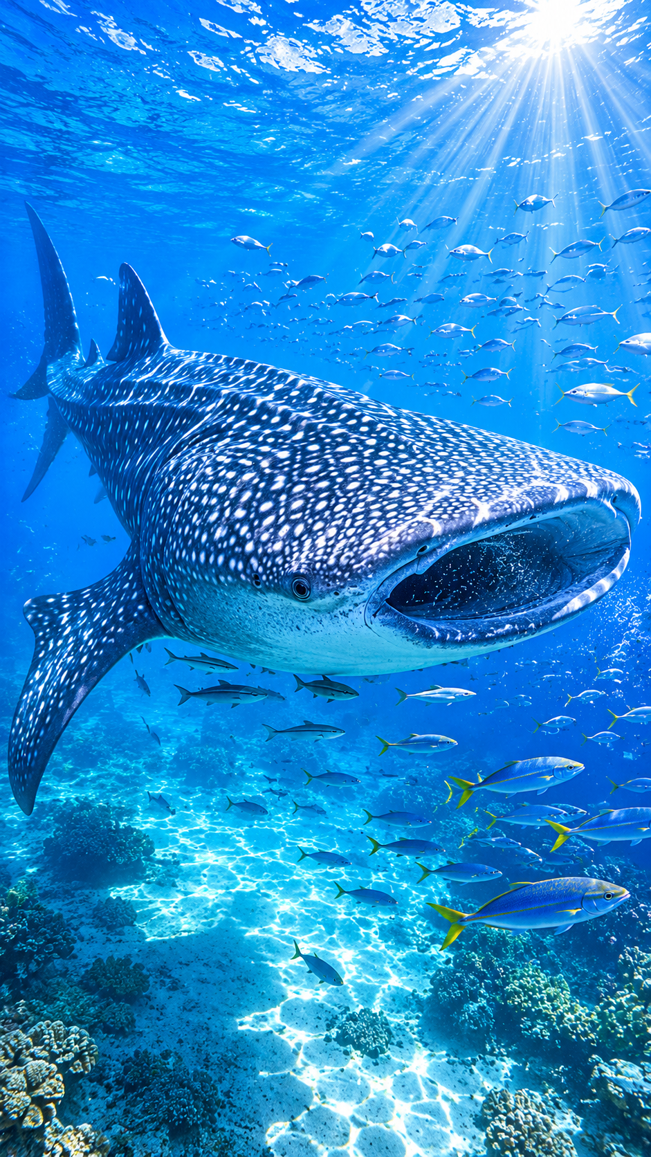 青い熱帯の海を悠然と泳ぐジンベエザメを再現した実写風画像。白い斑点模様と巨大な体を持つ世界最大の魚類。