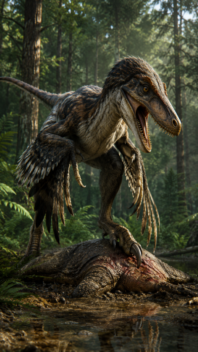 デイノニクスが白亜紀の森林で獲物を狙う実写風復元画像。後脚の巨大な鉤爪と羽毛を持つ俊敏な肉食恐竜。