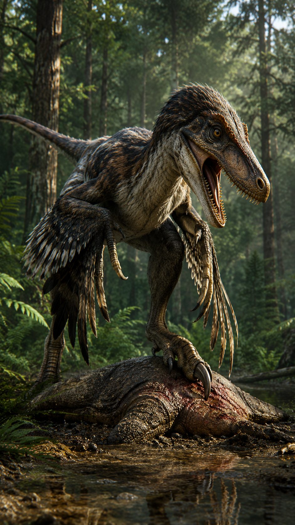 デイノニクスが白亜紀の森林で獲物を狙う実写風復元画像。後脚の巨大な鉤爪と羽毛を持つ俊敏な肉食恐竜。