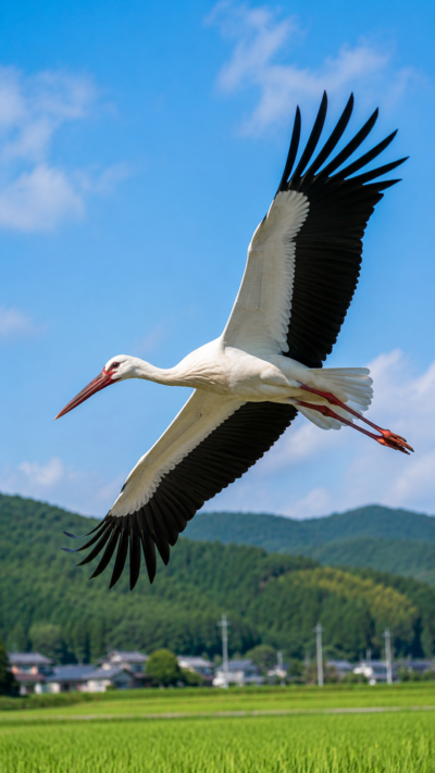 青空の下を大きな翼を広げて飛ぶコウノトリを再現した実写風画像。白い羽と赤い脚が美しい日本を代表する大型鳥類。