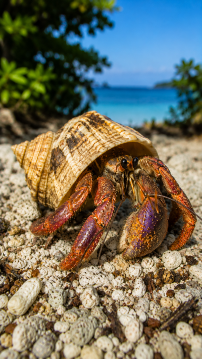 沖縄の海岸近くの森を歩くオカヤドカリを再現した実写風画像。巻貝の殻を背負った陸生ヤドカリの姿が印象的。
