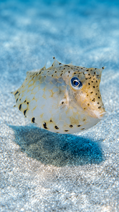 砂地の海底を漂うウミスズメ。箱型の体と愛らしい表情が特徴的なハコフグの仲間。