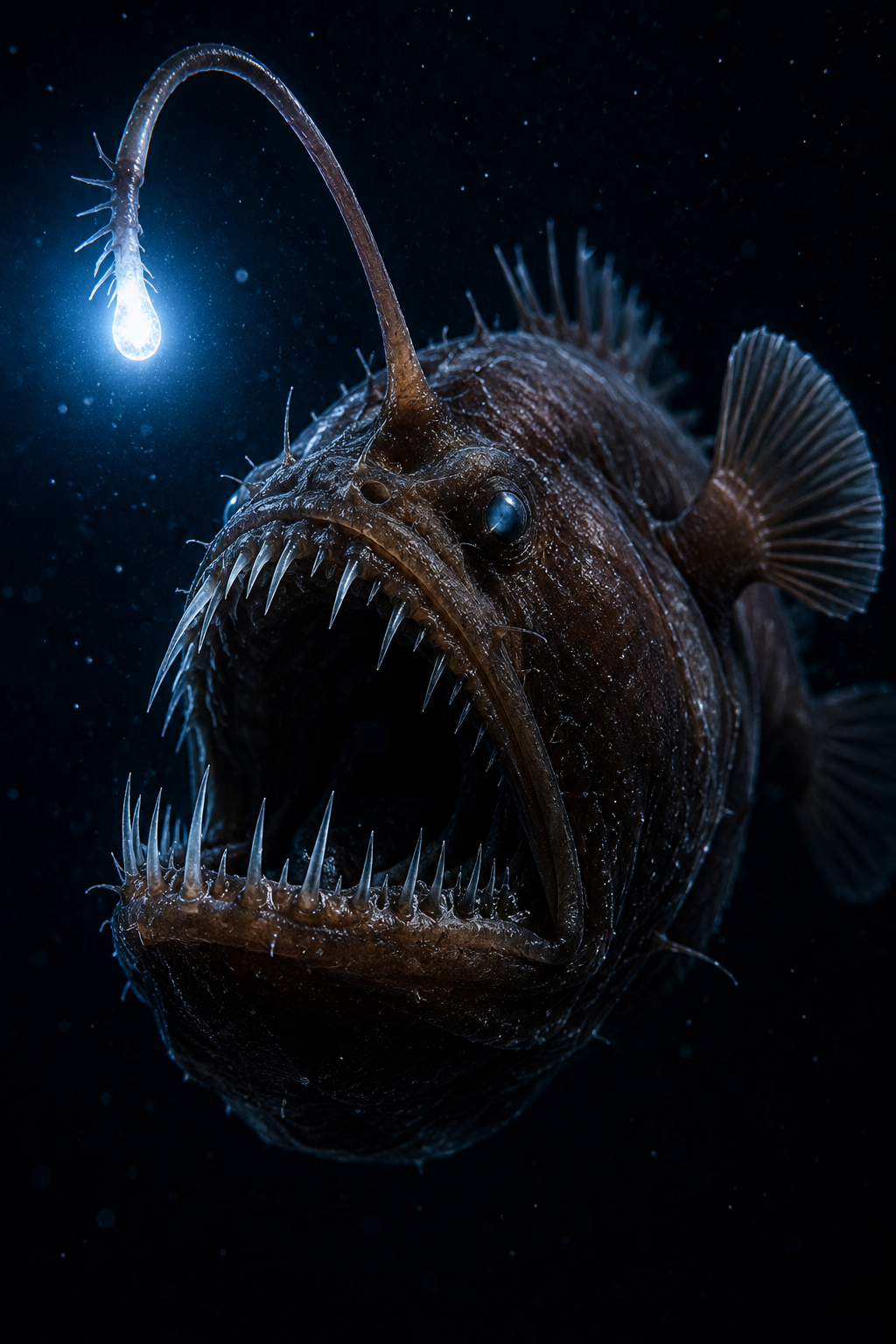 発光器を輝かせながら深海を漂うチョウチンアンコウ