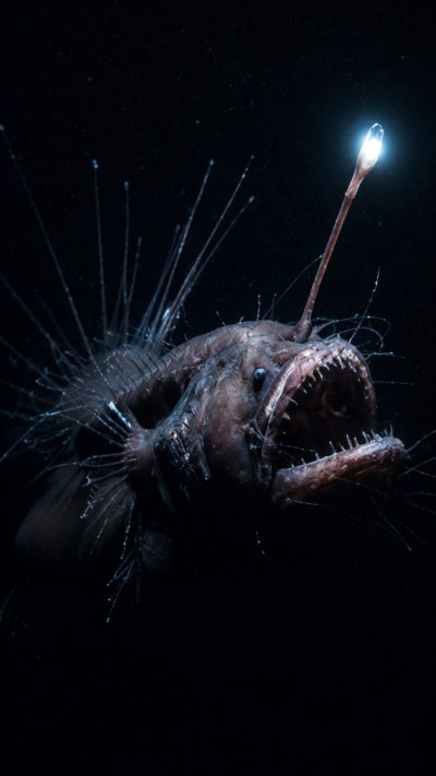 発光器を輝かせながら深海を漂うチョウチンアンコウ