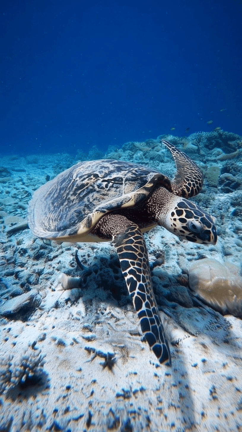 アオウミガメが青く澄んだ海を優雅に泳ぐ様子を再現した実写風画像。世界中の海を回遊する大型のウミガメ。
