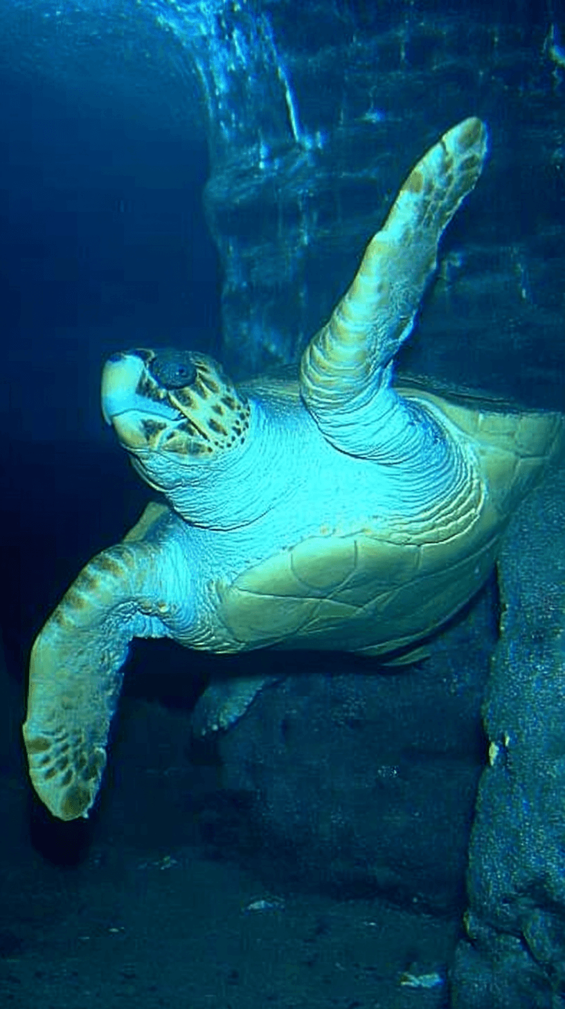 アカウミガメが青い海を力強く泳ぐ様子を再現した実写風画像。大きな頭と赤褐色の甲羅を持つ大型のウミガメ。