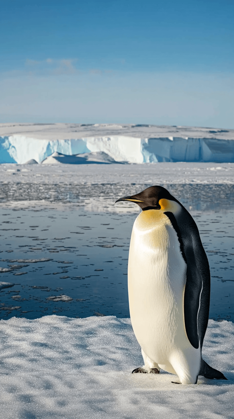 コウテイペンギンが南極の氷原でヒナと寄り添う様子を再現した実写風画像。世界最大のペンギンで、極寒の環境に適応している。