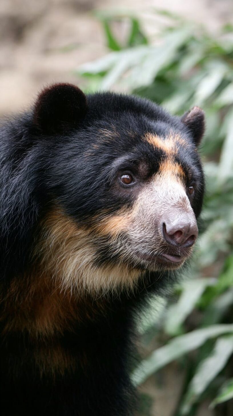 メガネグマがアンデス山脈の雲霧林を歩く様子を再現した実写風画像。目の周りの白い模様が特徴の南米唯一のクマ。