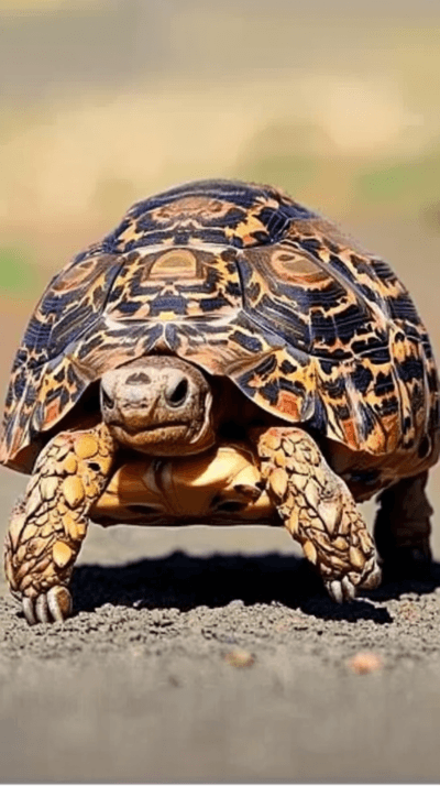 ヒョウモンガメがアフリカの草原を歩く様子を再現した実写風画像。ヒョウ柄の美しい甲羅を持つ大型のリクガメ。