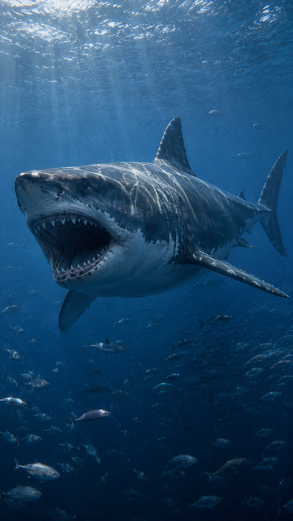 メガロドンが太古の海でクジラを追う様子を再現した実写風画像。全長20m級とされる史上最大級の絶滅した巨大ザメ。