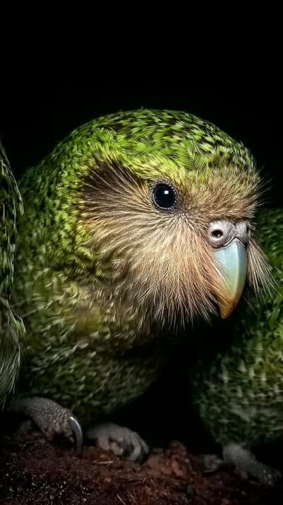 フクロウオウムがニュージーランドの森を歩く様子を再現した実写風画像。飛べない世界最大のオウムで、緑色の羽毛とフクロウのような顔が特徴。
