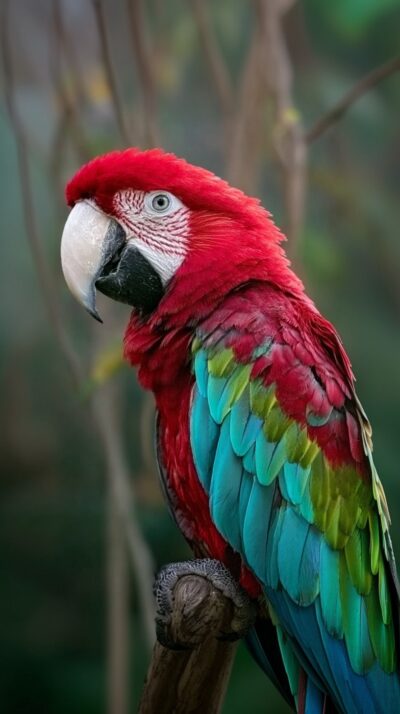 ベニコンゴウインコが熱帯雨林の枝にとまる様子を再現した実写風画像。鮮やかな赤い羽毛と青黄色の翼を持つ大型インコ。