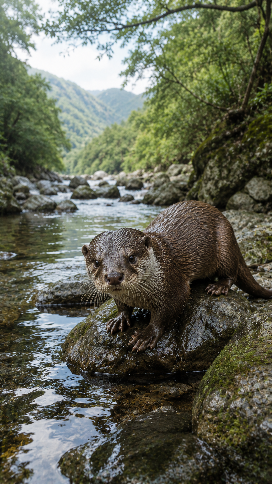 川辺の岩の上で周囲を見渡すニホンカワウソを再現した実写風画像。茶色い毛並みと愛らしい表情を持つ日本の絶滅動物。