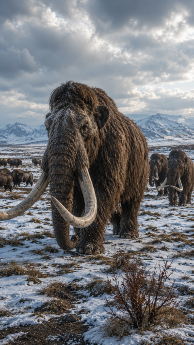 雪に覆われた氷河期の草原を歩くマンモスを再現した実写風画像。長い体毛と巨大な湾曲した牙を持つ絶滅した大型哺乳類。