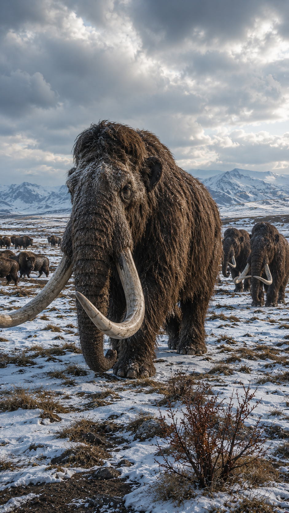 雪に覆われた氷河期の草原を歩くマンモスを再現した実写風画像。長い体毛と巨大な湾曲した牙を持つ絶滅した大型哺乳類。