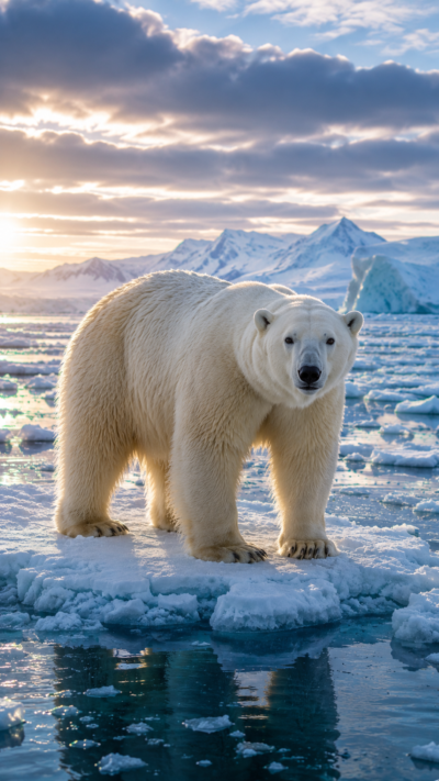 ホッキョクグマが北極の海氷上を歩く様子を再現した実写風画像。アザラシを狩る世界最大級の陸上肉食動物。