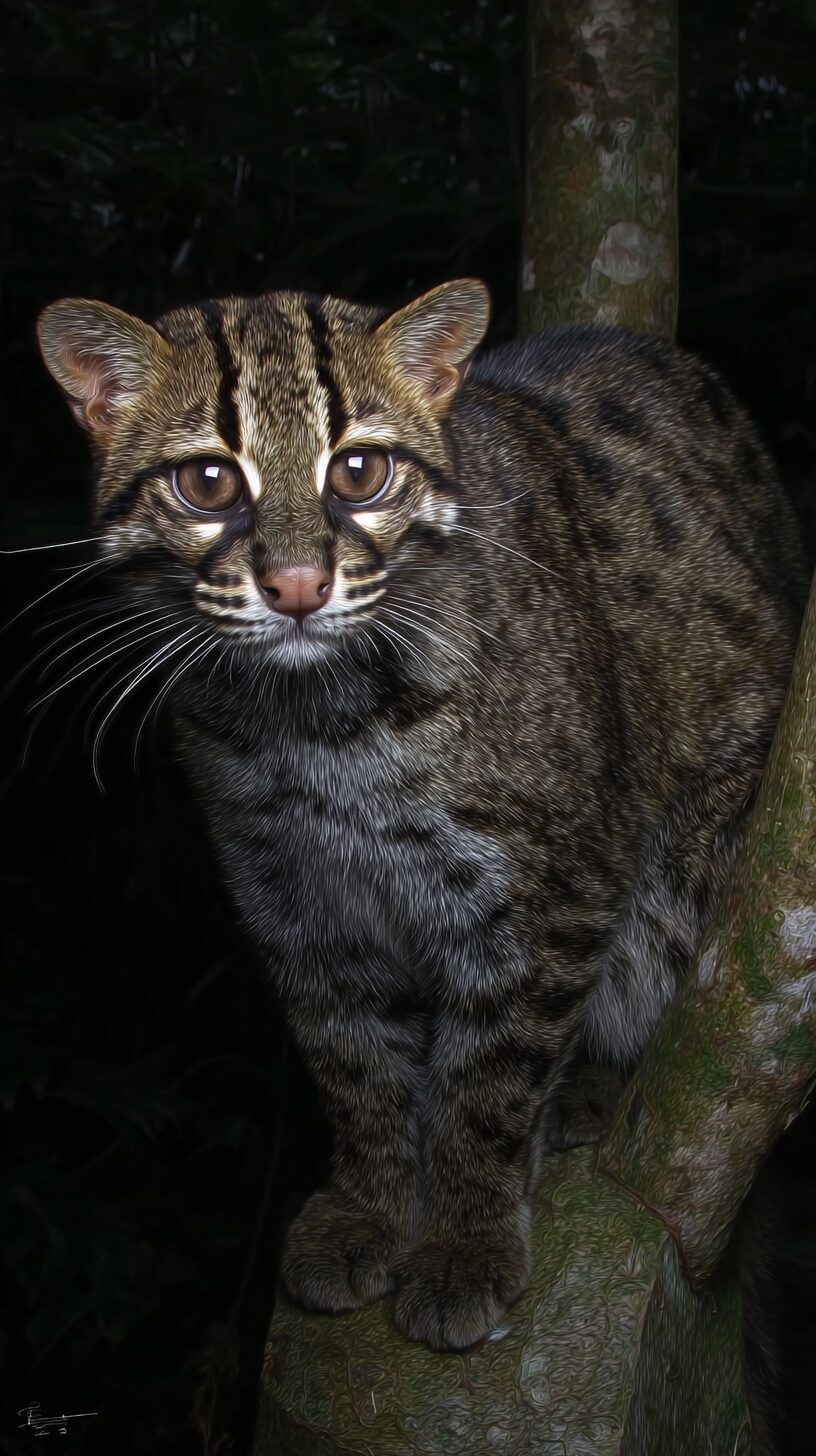 イリオモテヤマネコが沖縄県西表島の亜熱帯森林を歩く様子を再現した実写風画像。日本固有の希少な野生ネコ。