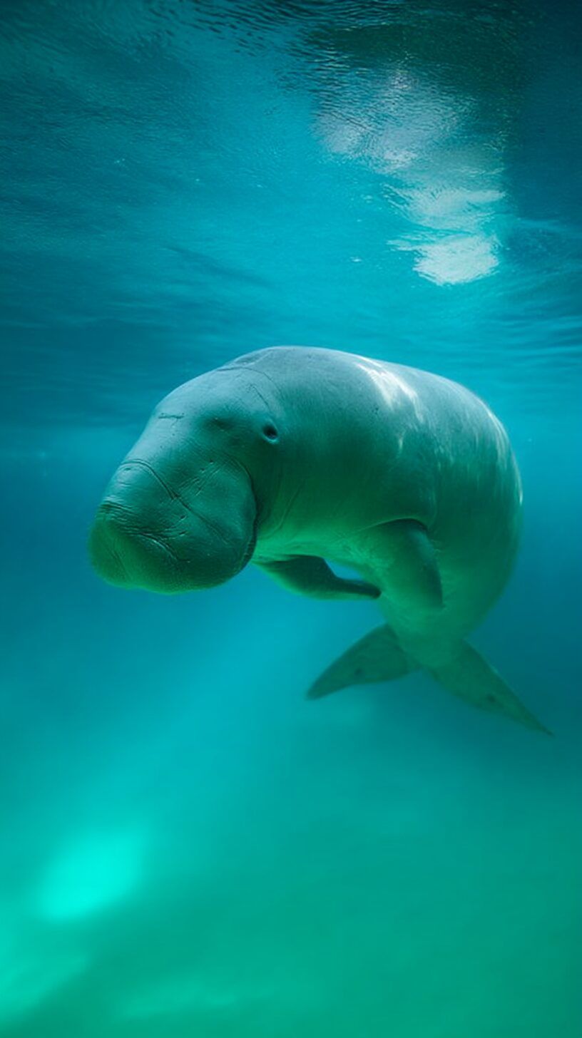 ジュゴンが海草藻場で海草を食べながら泳ぐ様子を再現した実写風画像。人魚伝説のモデルとされる海棲哺乳類。
