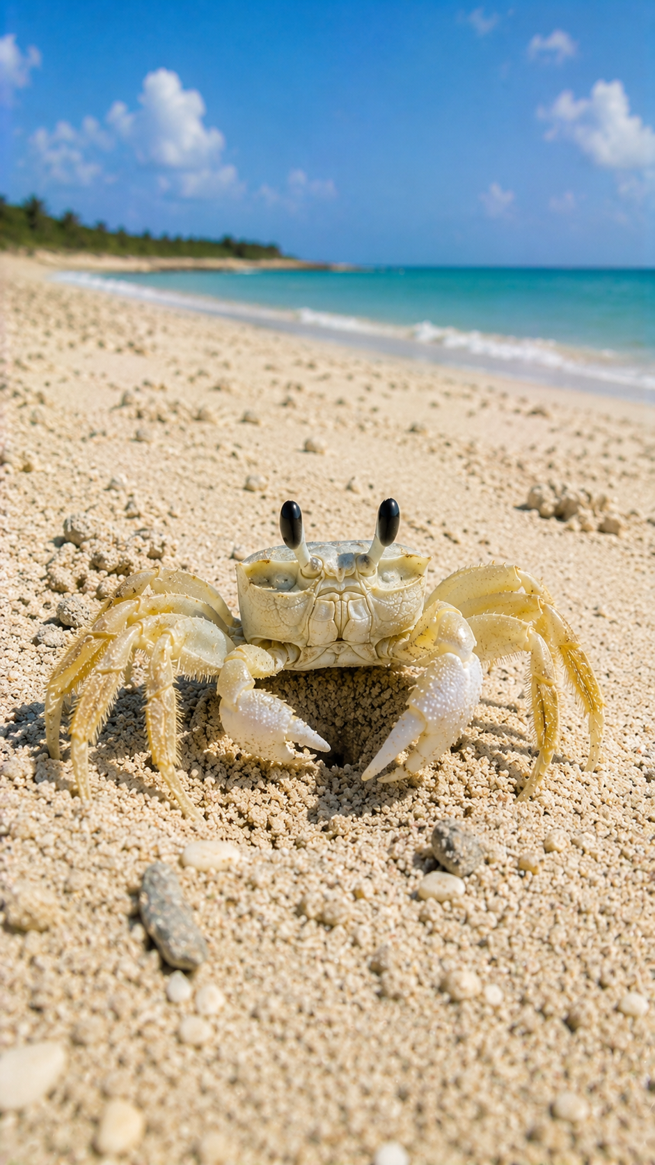 白砂の海岸で巣穴の前に立つスナガニ