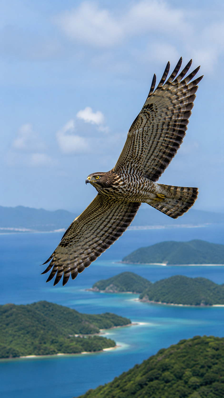 里山の上空を飛翔するサシバ