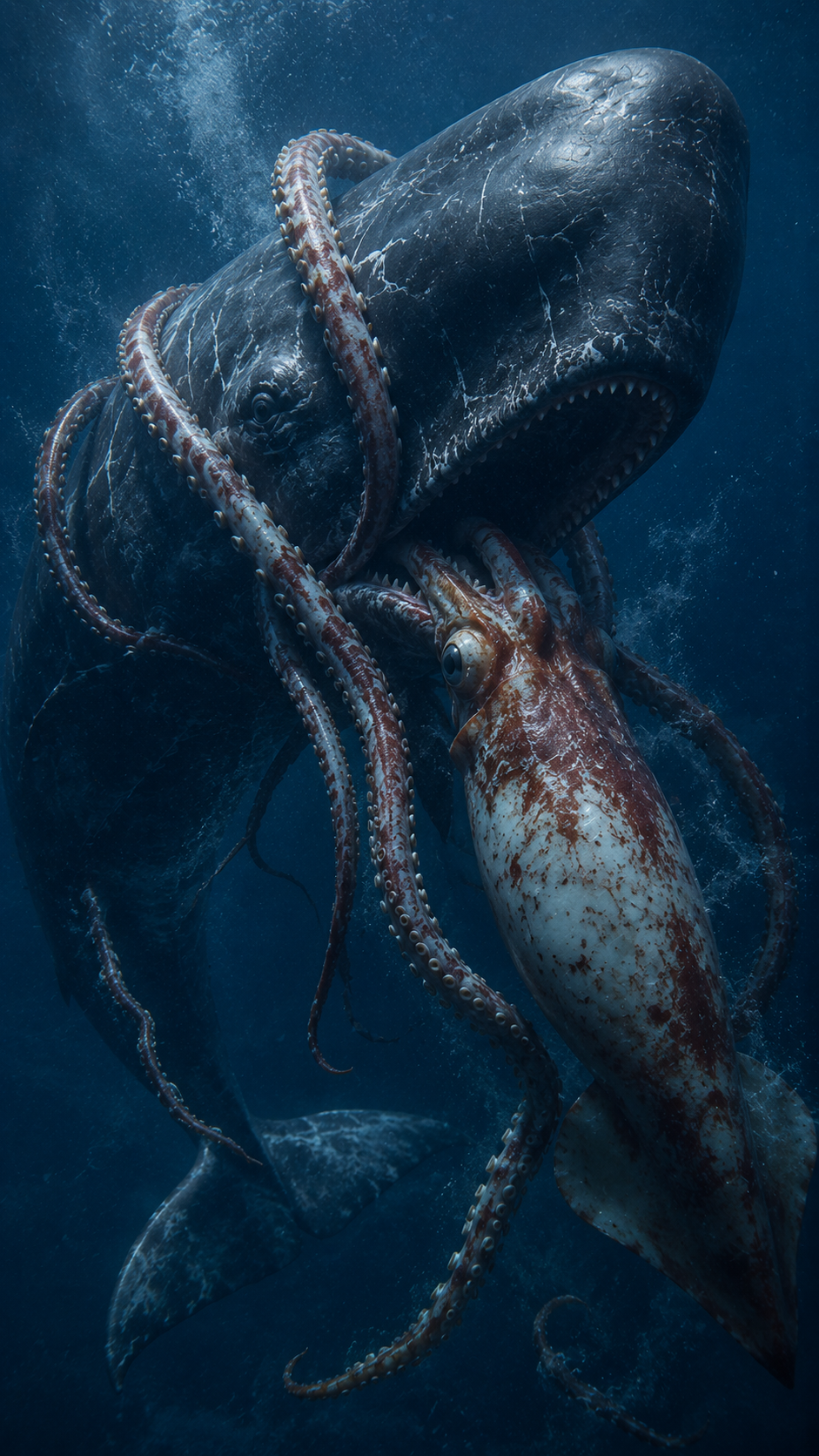 深海で激突するマッコウクジラとダイオウイカ