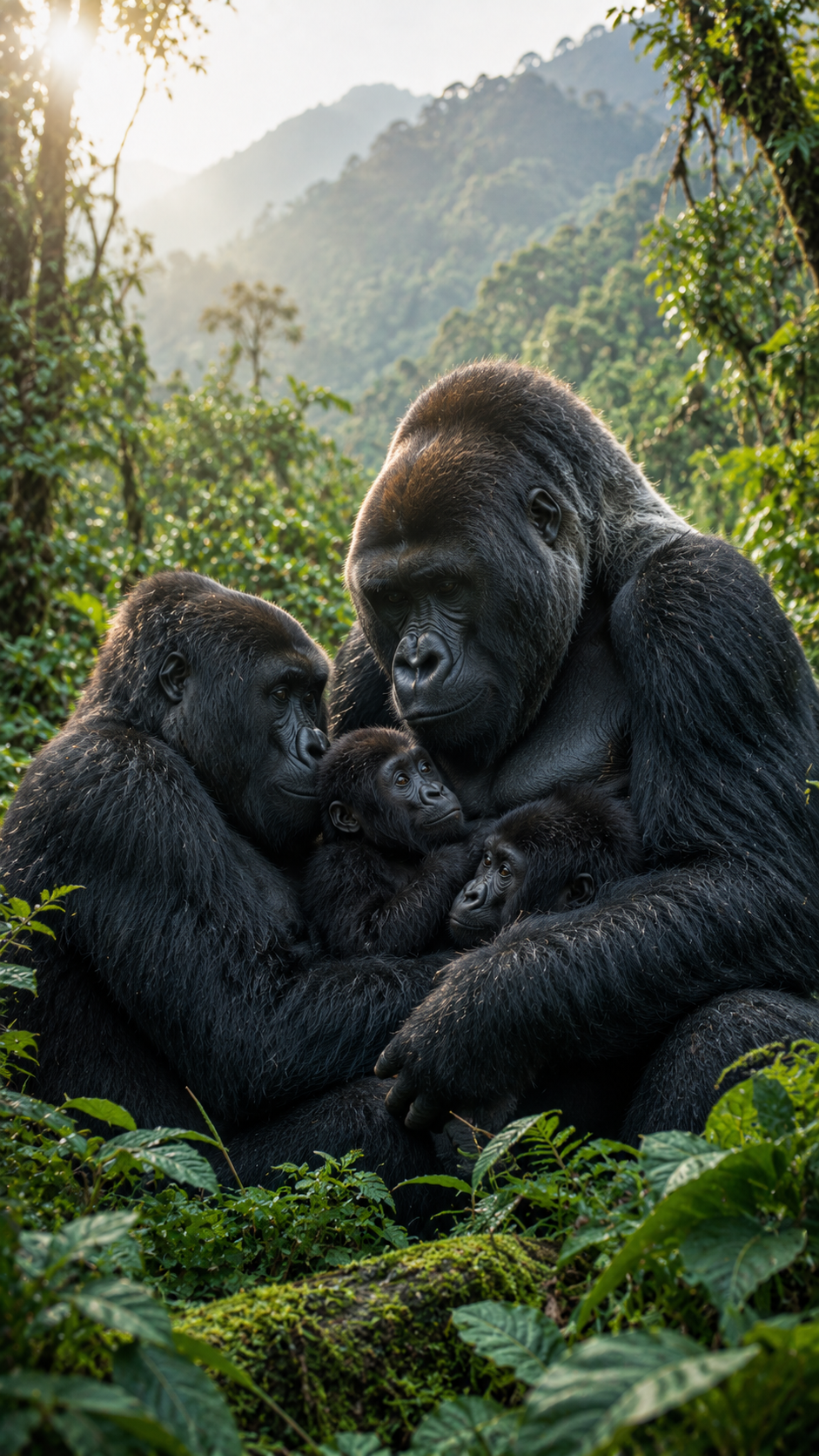 森の中で子どもたちを見守るマウンテンゴリラの家族