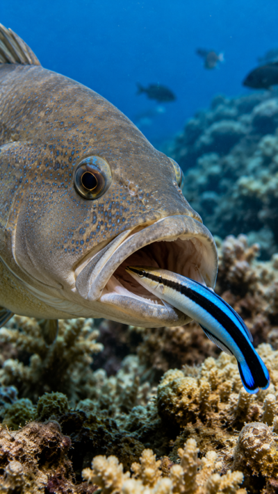 大型魚をクリーニングするホンソメワケベラ