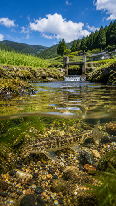 浅い水辺を泳ぐアユモドキ