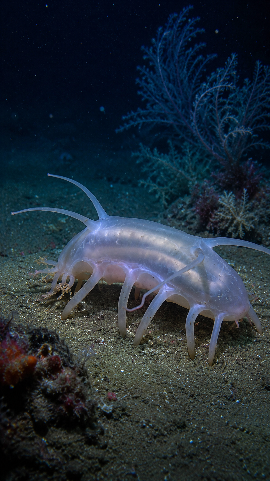 触手を広げて海中の餌を集めるセンジュナマコ