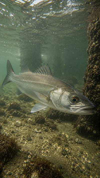 東京湾を泳ぐスズキ。銀色の体を持つ大型の肉食魚。