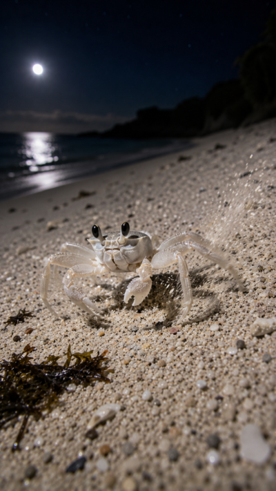 ガラパゴス諸島の夜の砂浜を素早く駆けるゴーストクラブ