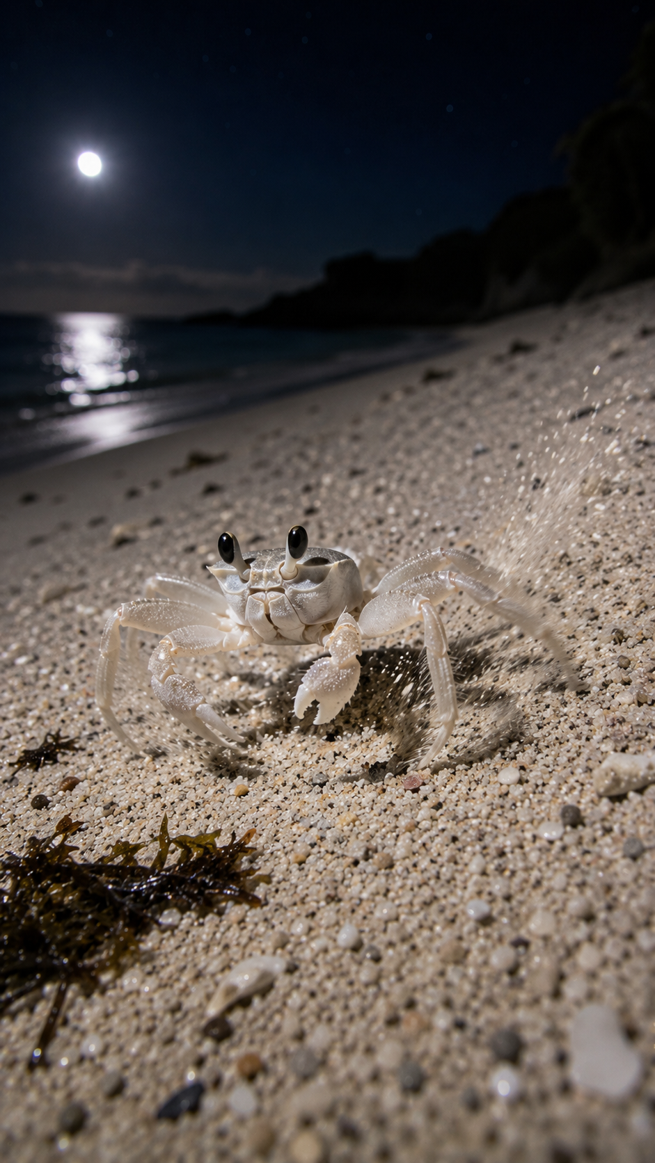 ガラパゴス諸島の夜の砂浜を素早く駆けるゴーストクラブ