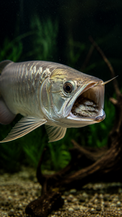 口の中で稚魚を守りながら泳ぐアロワナ