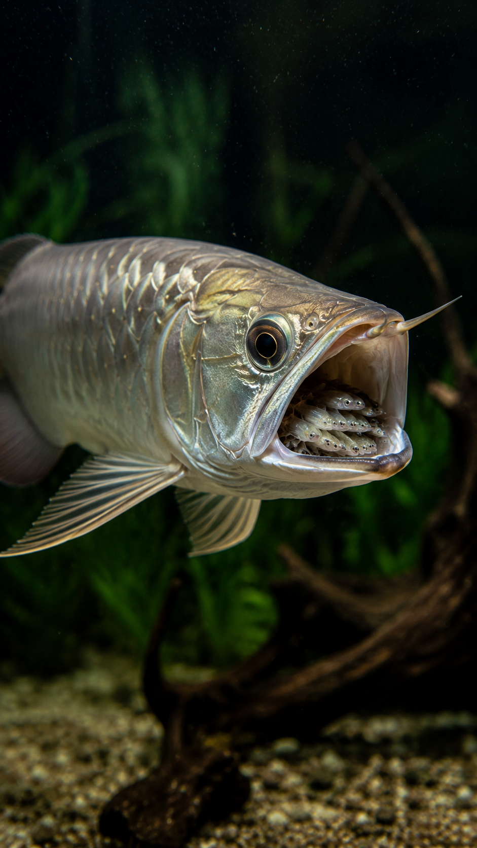 口の中で稚魚を守りながら泳ぐアロワナ