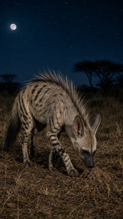 夜のサバンナでシロアリを探しながら歩くアードウルフ