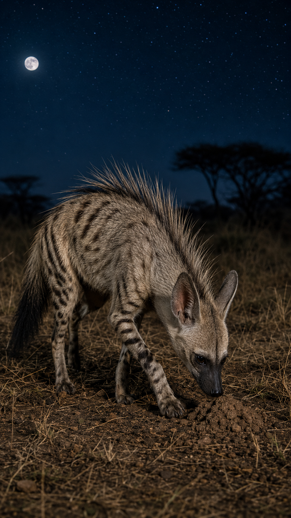 夜のサバンナでシロアリを探しながら歩くアードウルフ