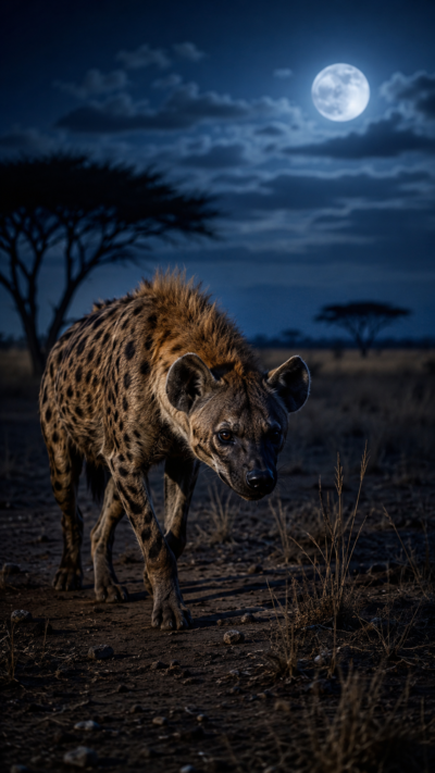 夜のサバンナを歩きながら獲物を探すブチハイエナ