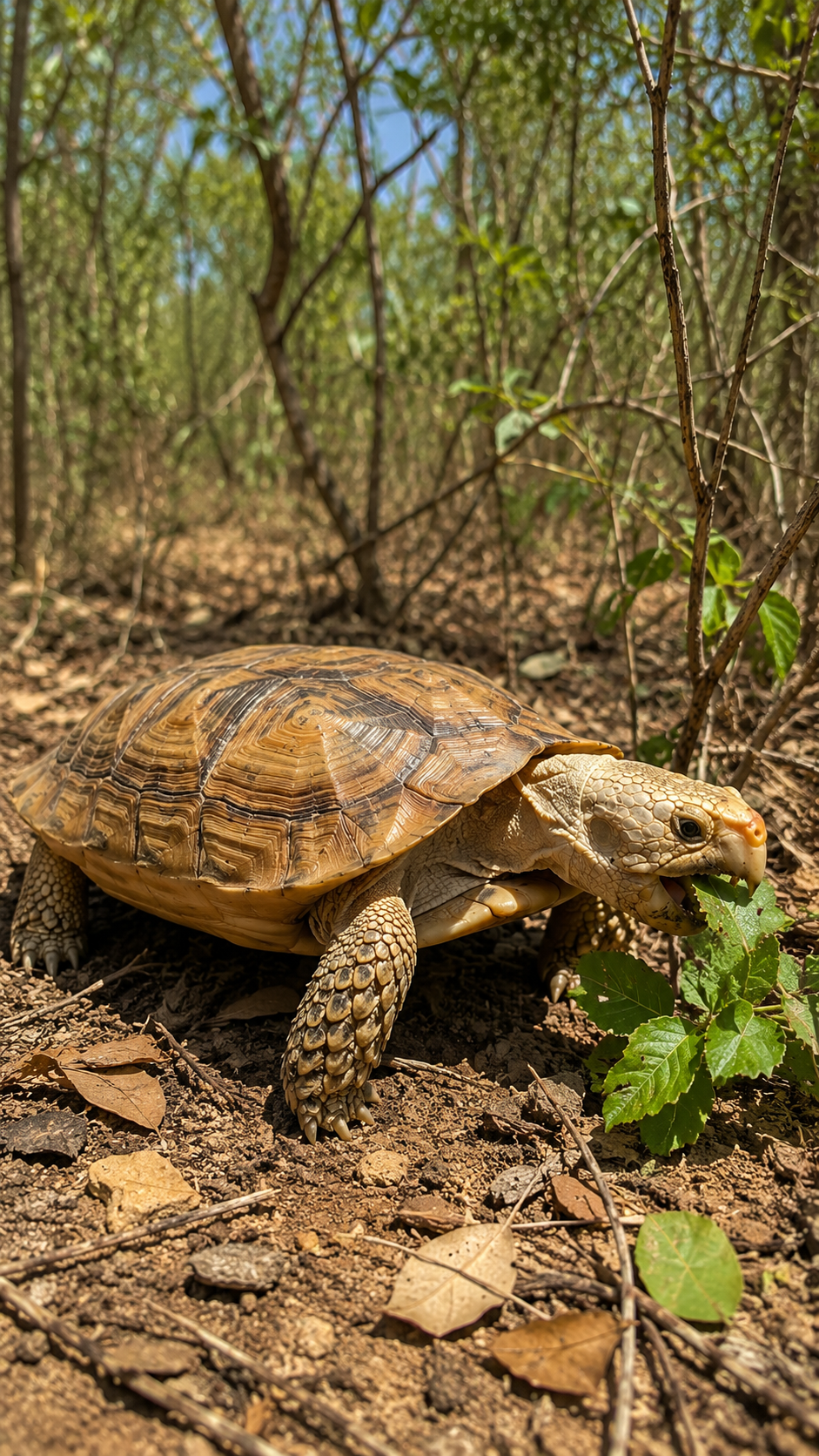 マダガスカルの乾燥林でオウムのように曲がったくちばしを使いながら草や低木を食べ、美しい甲羅を輝かせてゆっくり歩くオウムヒラセリクガメ