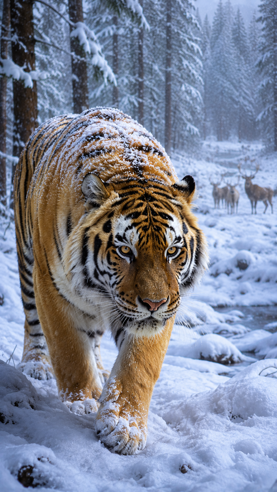 雪に覆われたシベリアの針葉樹林で分厚い冬毛をまとい、鋭い眼光を放ちながら静かに雪原を歩きシカの群れへ忍び寄るアムールトラ