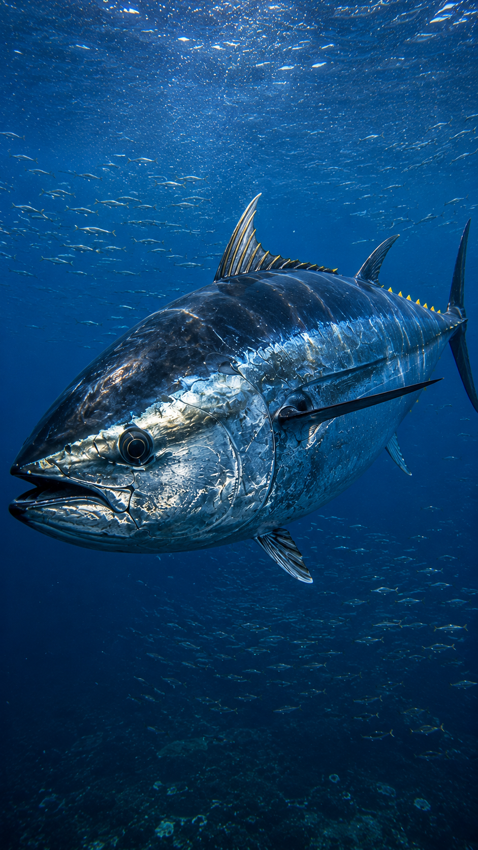 大海原を高速で泳ぐクロマグロ。海洋生態系の上位に君臨する大型回遊魚。
