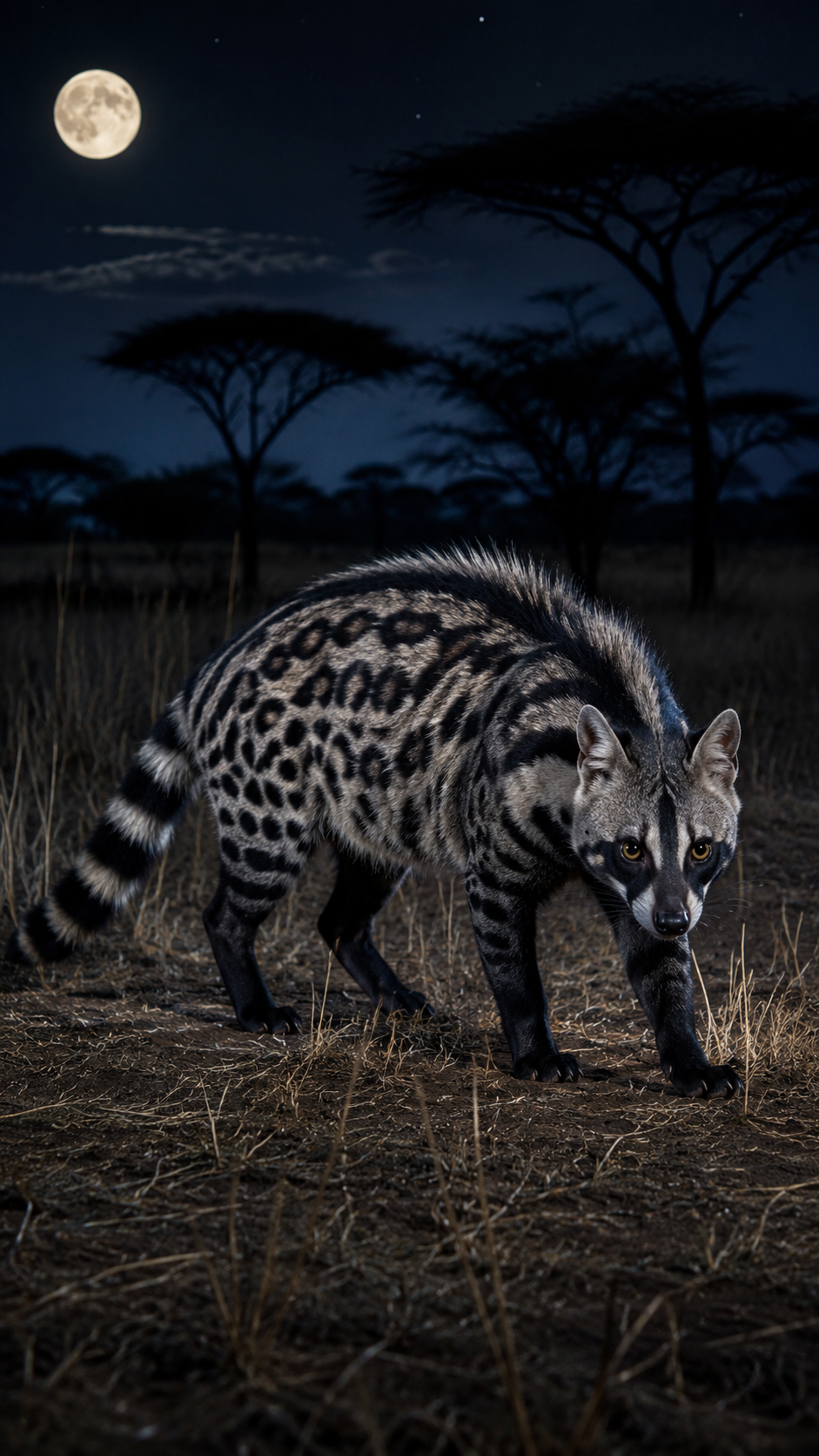 夜のサバンナを歩くアフリカジャコウネコ