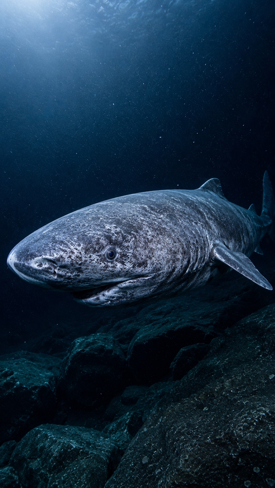 北極海の深海をゆっくり泳ぐニシオンデンザメ